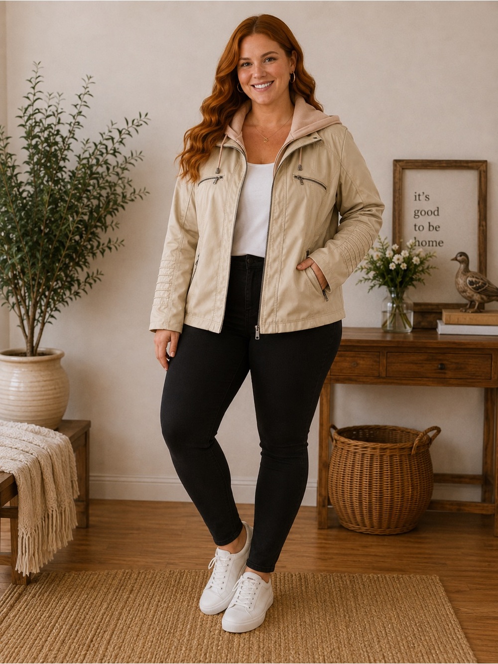 Light Beige Hooded Faux-Leather Jacket with Quilted Sleeve Accents